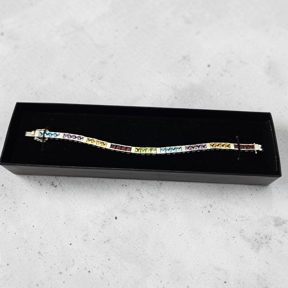 Sterling Silver 925 Multi Gemstone Tennis Bracelet 6.75” Thailand 19.5g - Picture 5 of 9